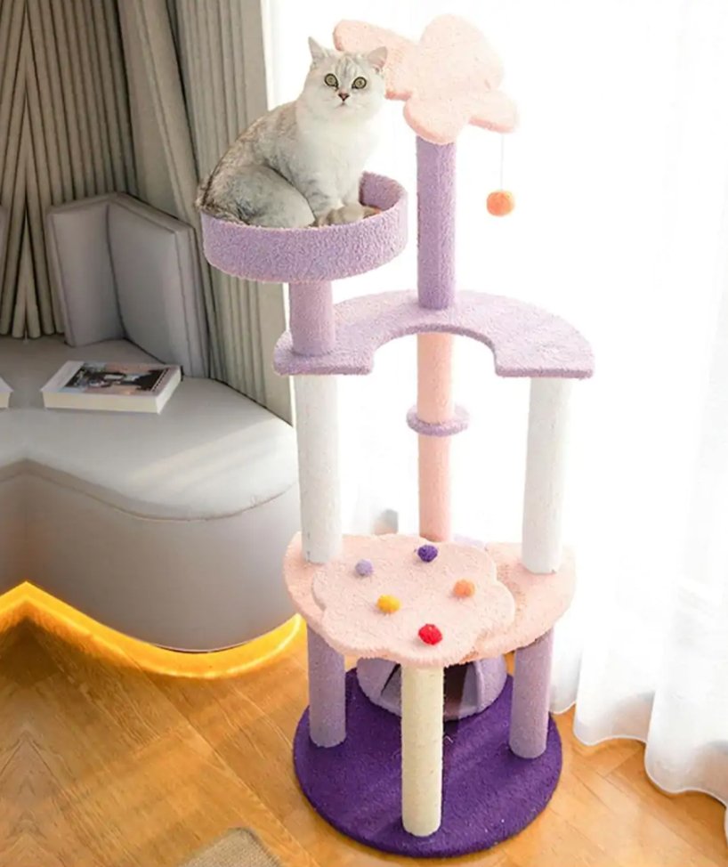 128cm Butterfly Plush Cat Condo Cat Tree in Pink Purple - House Of Pets Delight (HOPD)