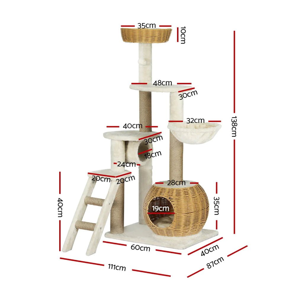 138cm Modern Rattan Cat Tower Scratching Post Condo - House Of Pets Delight (HOPD)