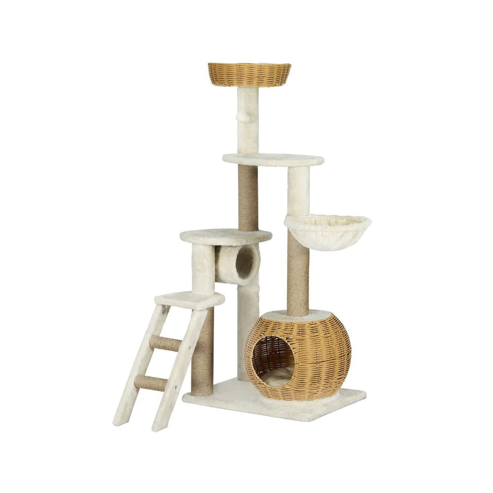 138cm Modern Rattan Cat Tower Scratching Post Condo - House Of Pets Delight (HOPD)