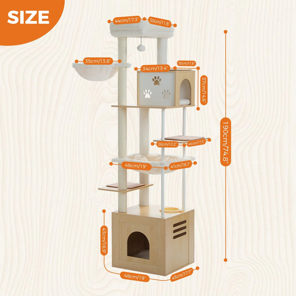 190cm Paw Town Wooden Cat Tree Tower with Feeding Bowls - Beige - House Of Pets Delight (HOPD)