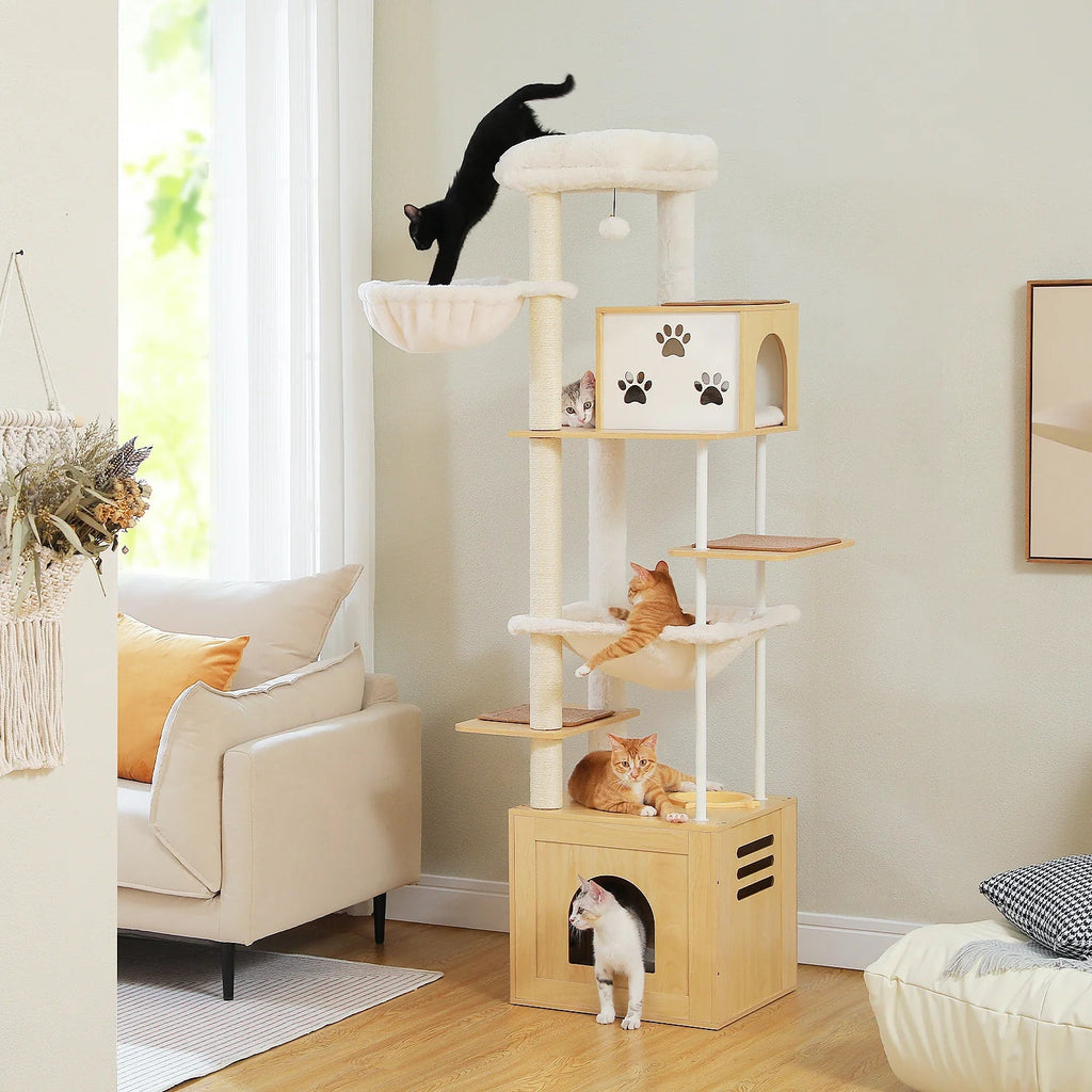 190cm Paw Town Wooden Cat Tree Tower with Feeding Bowls - Beige - House Of Pets Delight (HOPD)