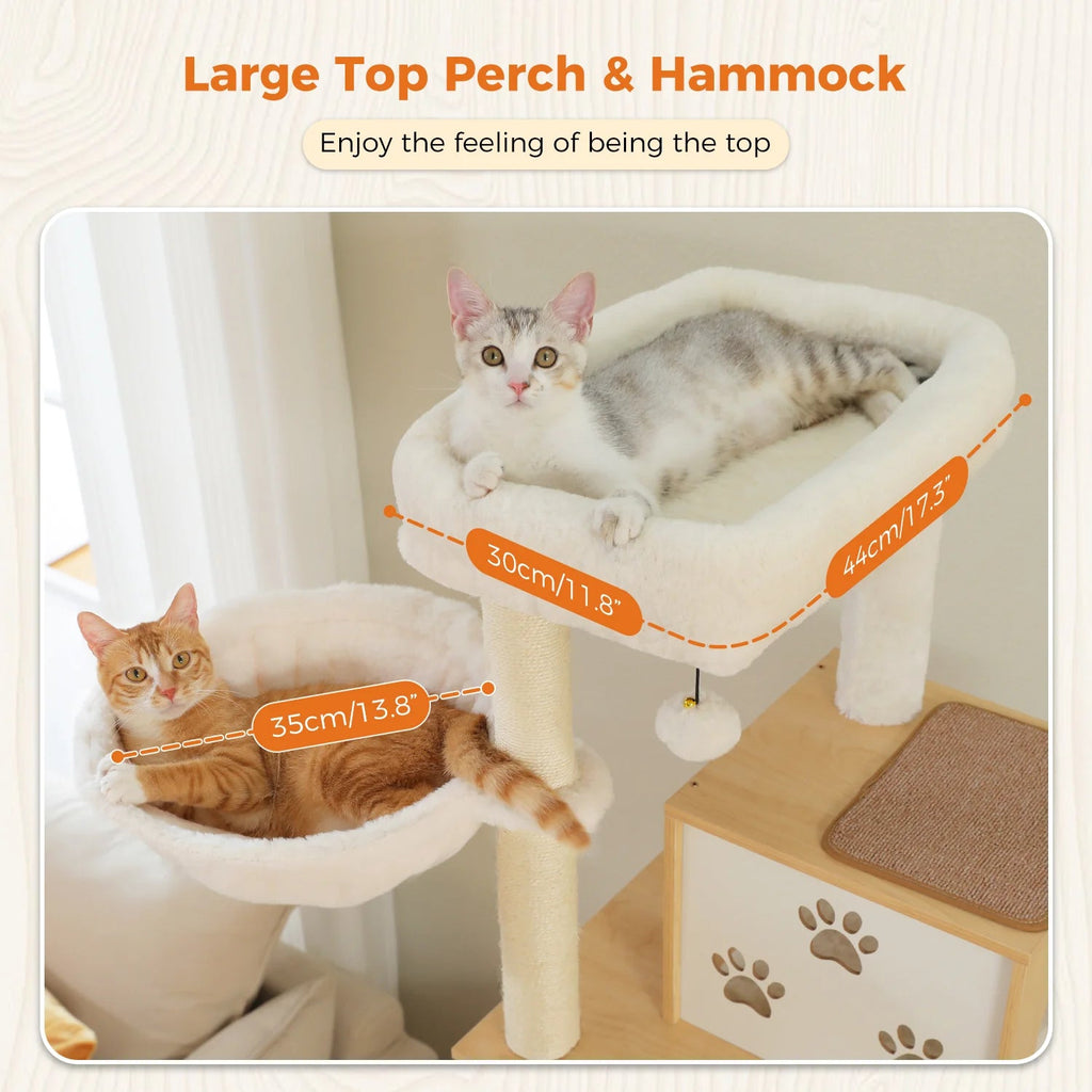 190cm Paw Town Wooden Cat Tree Tower with Feeding Bowls - Beige - House Of Pets Delight (HOPD)