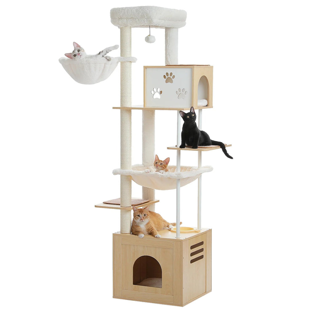 190cm Paw Town Wooden Cat Tree Tower with Feeding Bowls - Beige - House Of Pets Delight (HOPD)