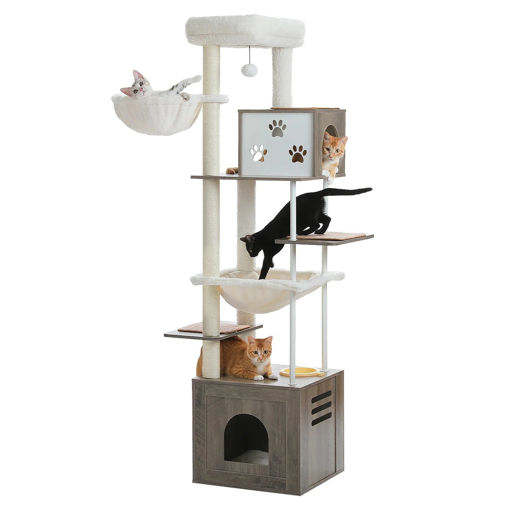 190cm Paw Town Wooden Cat Tree Tower with Feeding Bowls - Grey - House Of Pets Delight (HOPD)