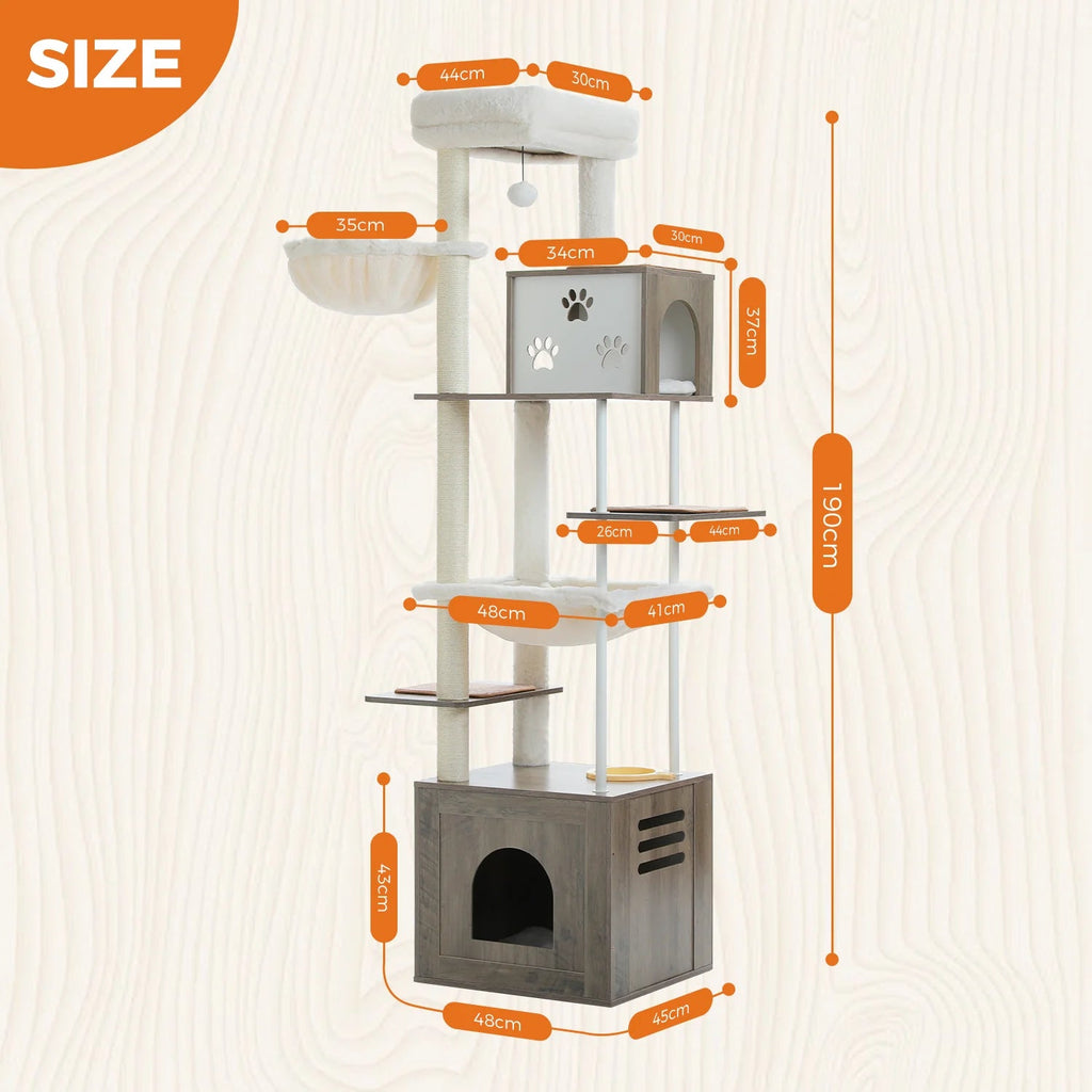 190cm Paw Town Wooden Cat Tree Tower with Feeding Bowls - Grey - House Of Pets Delight (HOPD)