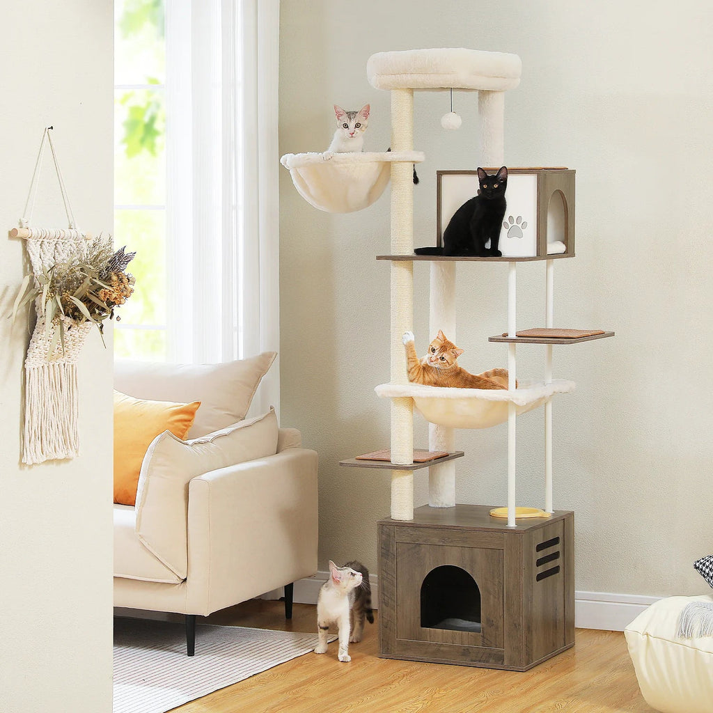 190cm Paw Town Wooden Cat Tree Tower with Feeding Bowls - Grey - House Of Pets Delight (HOPD)