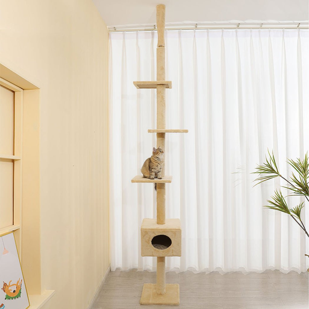 Adjustable Height Cat Scratching Post Tree with Cubby House - Cream - House Of Pets Delight (HOPD)