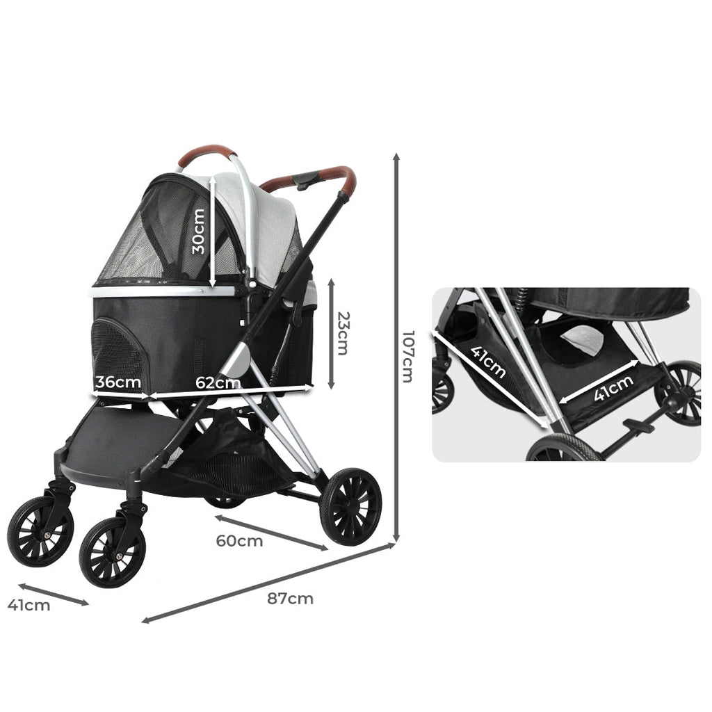 Aluminium 4 Wheel Pet Stroller Carrier - Grey - House Of Pets Delight (HOPD)