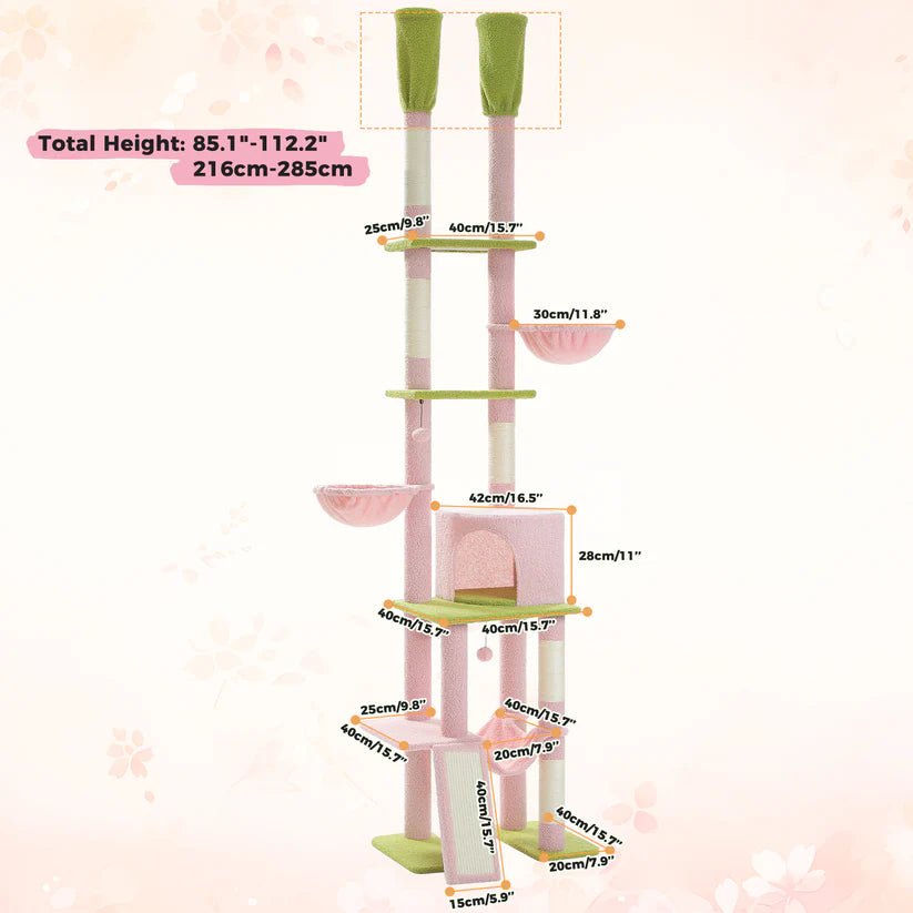 Cactus Cat Tree Tower Scratching Post Scratcher Adjustable Height 216 - 285cm - Pink - House Of Pets Delight (HOPD)