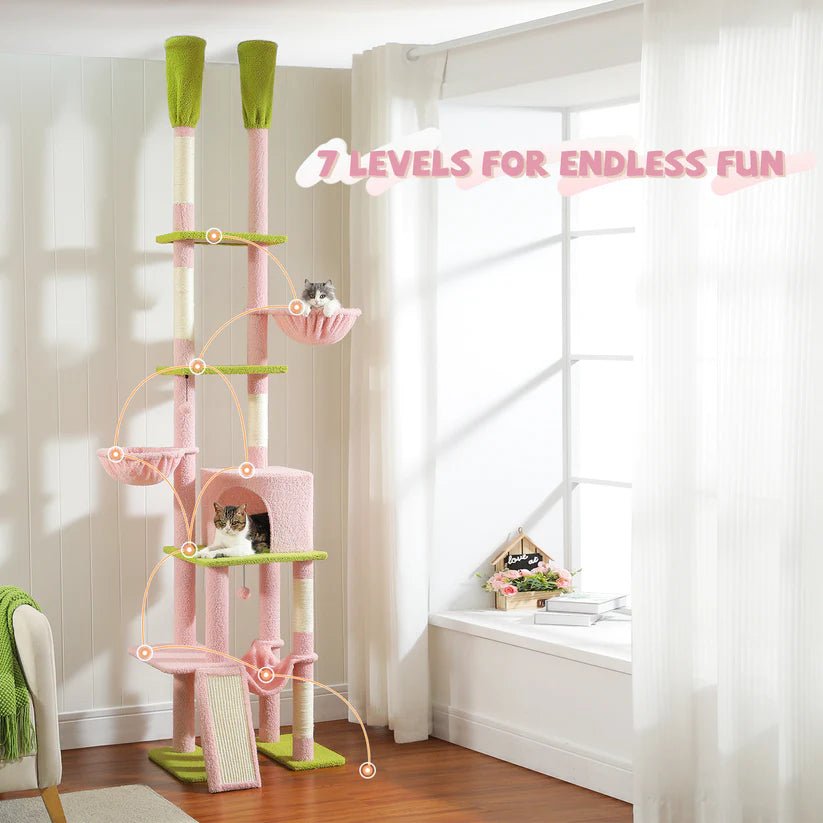 Cactus Cat Tree Tower Scratching Post Scratcher Adjustable Height 216 - 285cm - Pink - House Of Pets Delight (HOPD)