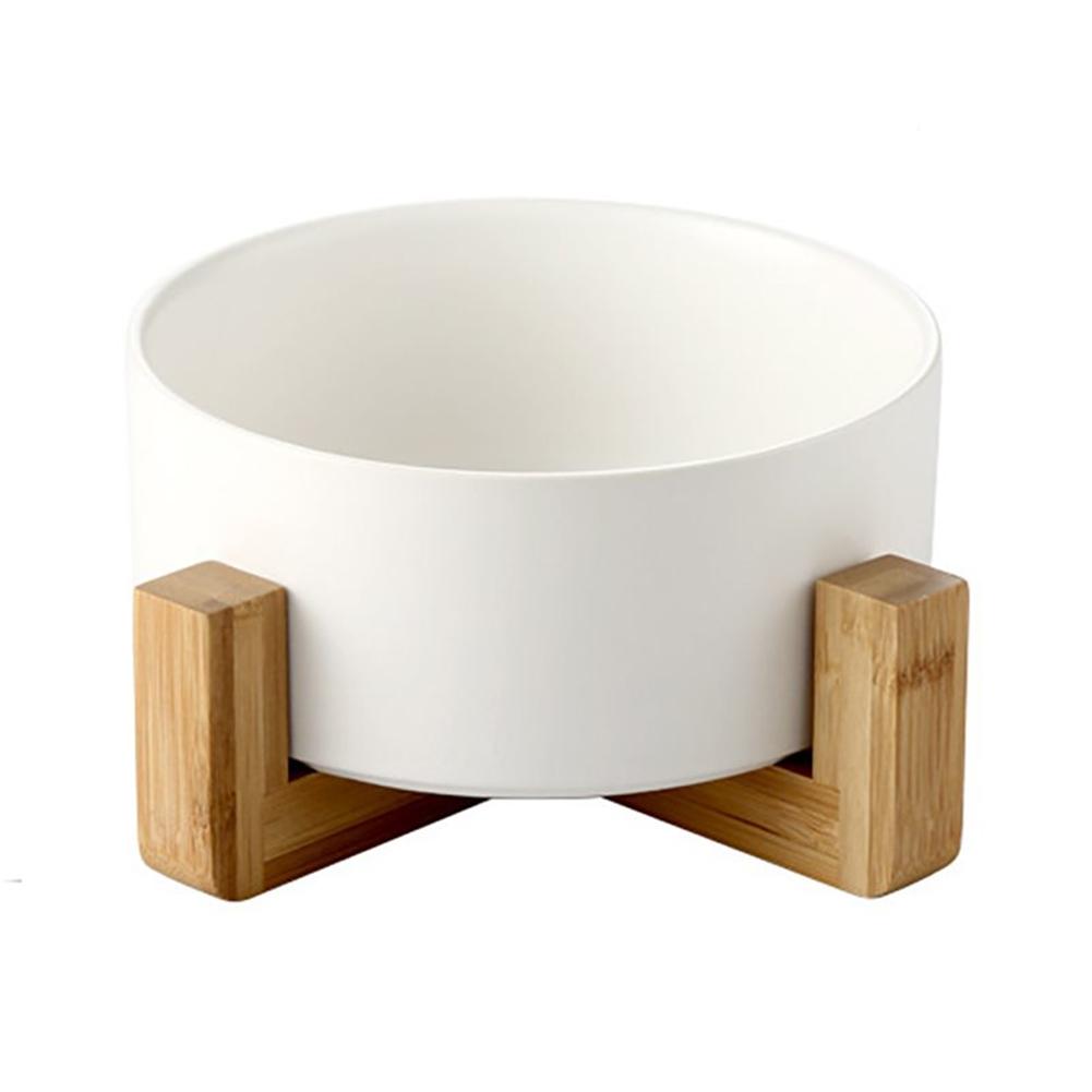 Ceramic Bowl with Wooden Stand in White - House Of Pets Delight (HOPD)