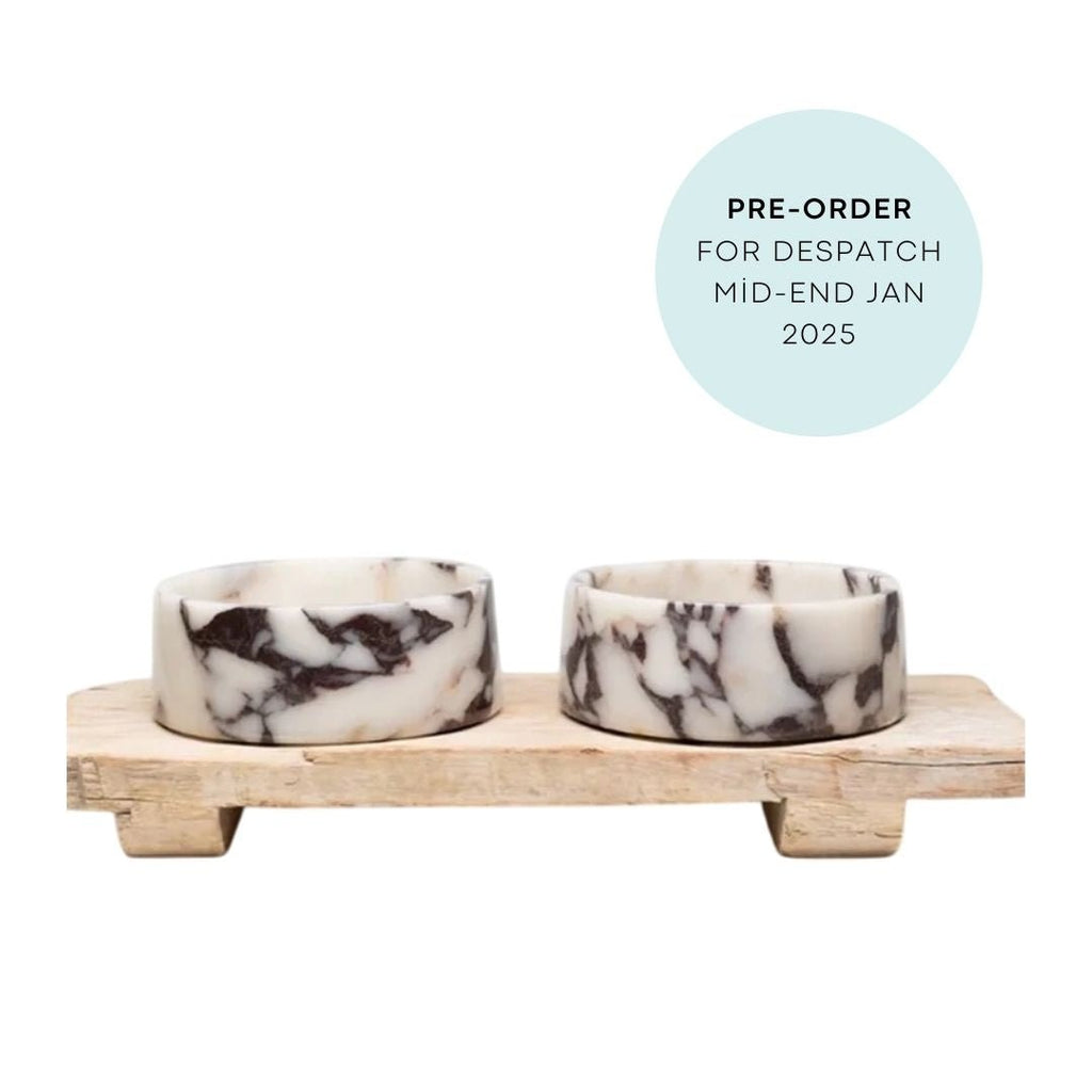 Chloe Marble Double Bowl - with Wooden Stand (PREORDER) - House Of Pets Delight (HOPD)