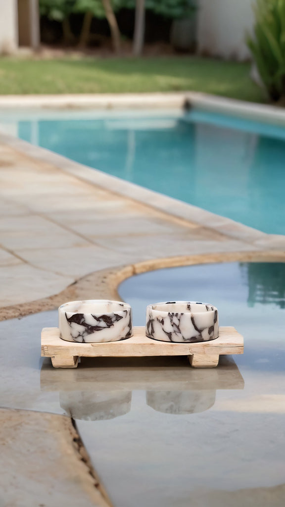 Chloe Marble Double Bowl - with Wooden Stand (PREORDER) - House Of Pets Delight (HOPD)