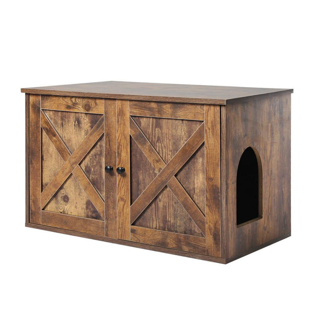 Enclosed Hooded Cat Litter Box Bed Furniture - Rustic Brown - House Of Pets Delight (HOPD)