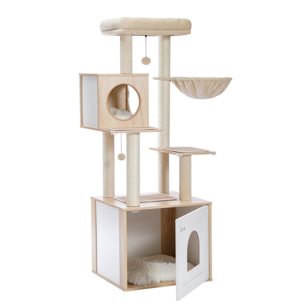 Furniture Cat Tower Condo with Washroom in Beige - House Of Pets Delight (HOPD)