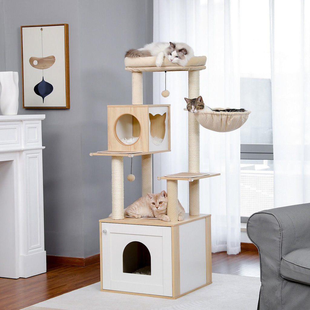 Furniture Cat Tower Condo with Washroom in Beige - House Of Pets Delight (HOPD)