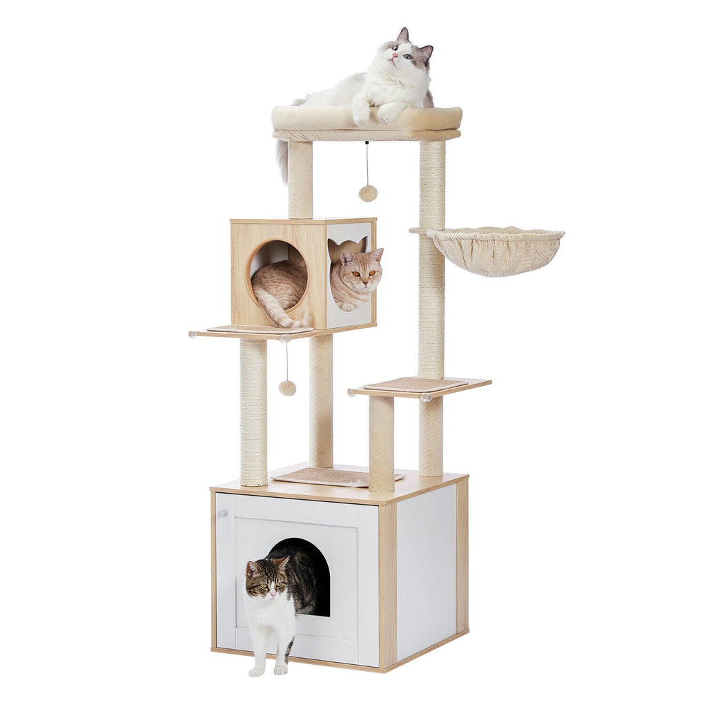 Furniture Cat Tower Condo with Washroom in Beige - House Of Pets Delight (HOPD)