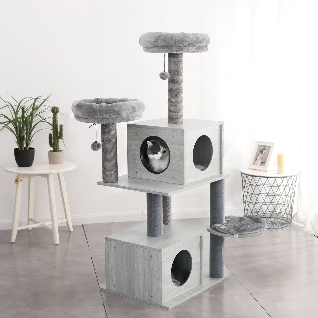 Grey Wood Modern Cat Tree - 141cm - House Of Pets Delight (HOPD)
