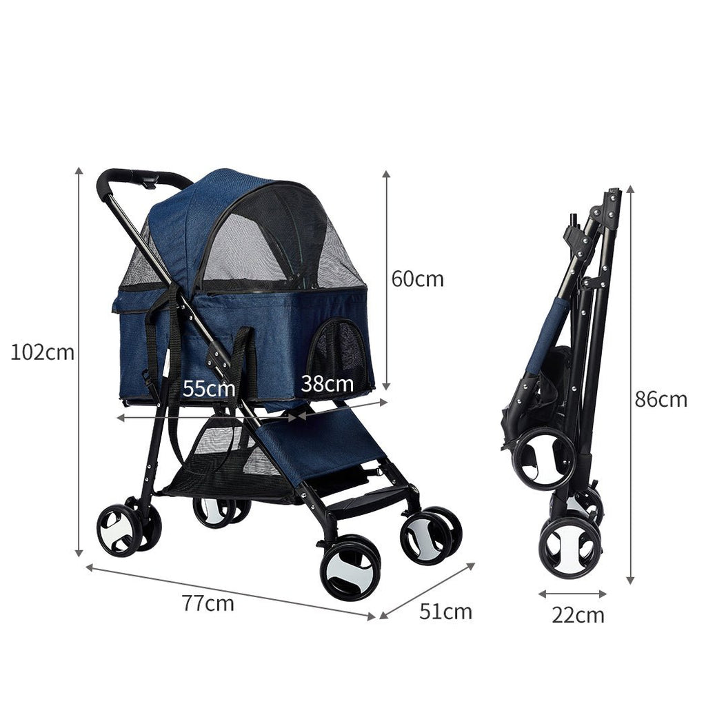 Large Travel Foldable Pushchair Pet Stroller 3 in 1 - Blue - House Of Pets Delight (HOPD)