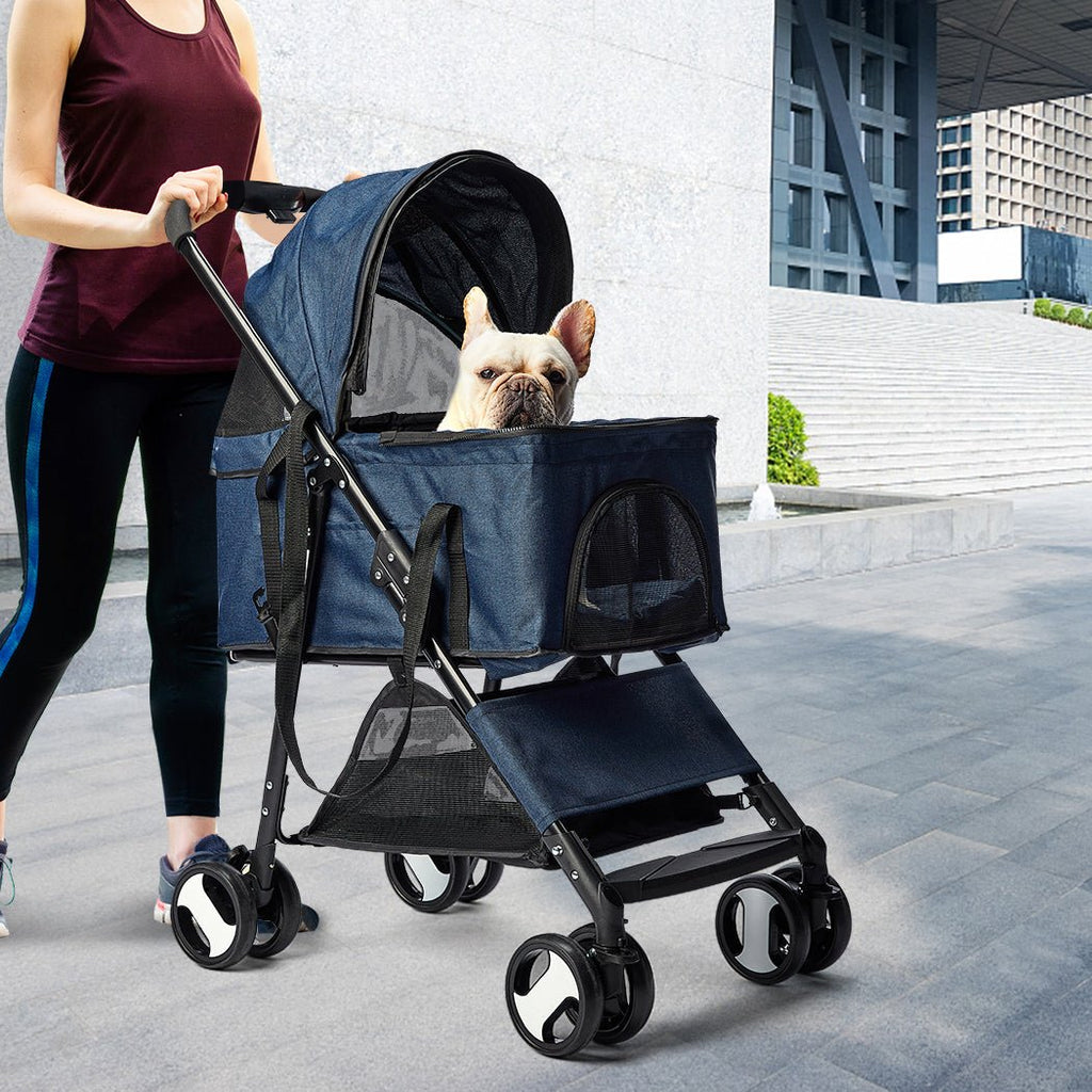 Large Travel Foldable Pushchair Pet Stroller 3 in 1 - Blue - House Of Pets Delight (HOPD)