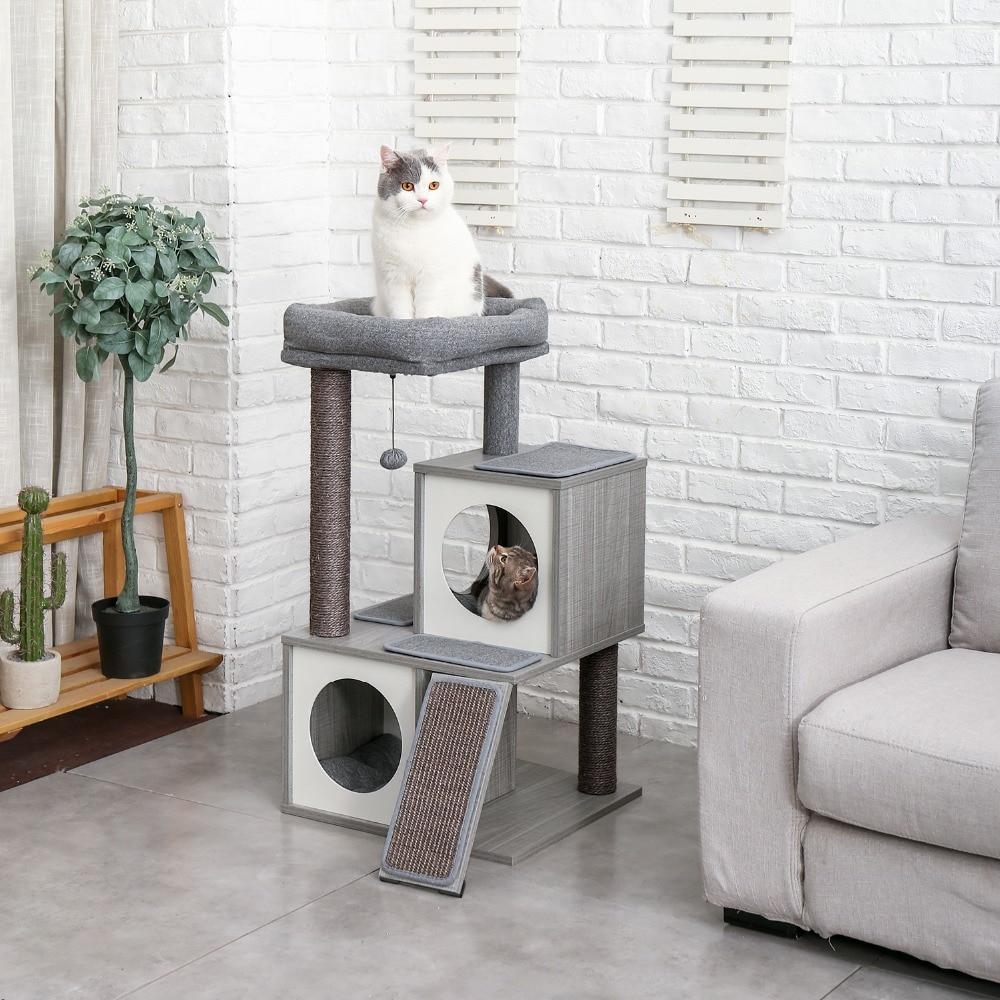 Luxury Cat Tree With Double Condo - Wooden Grey - House Of Pets Delight (HOPD)