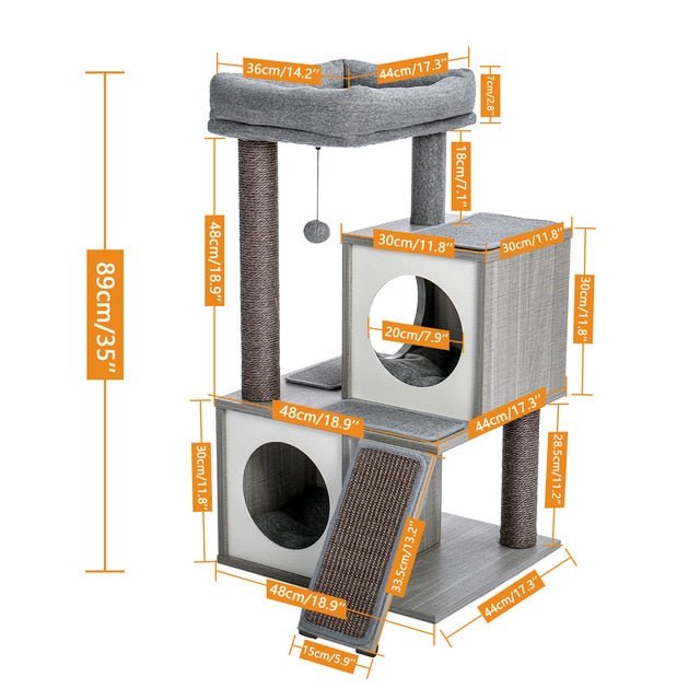 Luxury Cat Tree With Double Condo - Wooden Grey - House Of Pets Delight (HOPD)