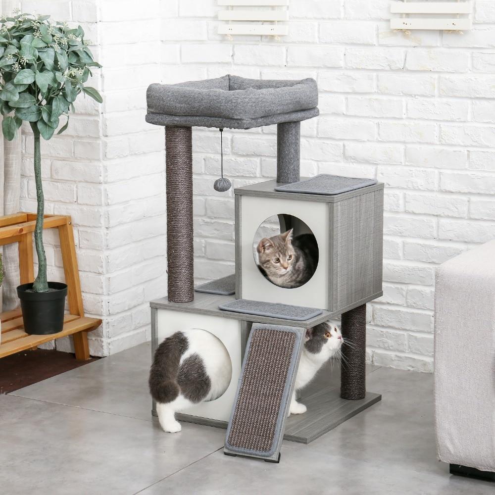 Luxury Cat Tree With Double Condo - Wooden Grey - House Of Pets Delight (HOPD)