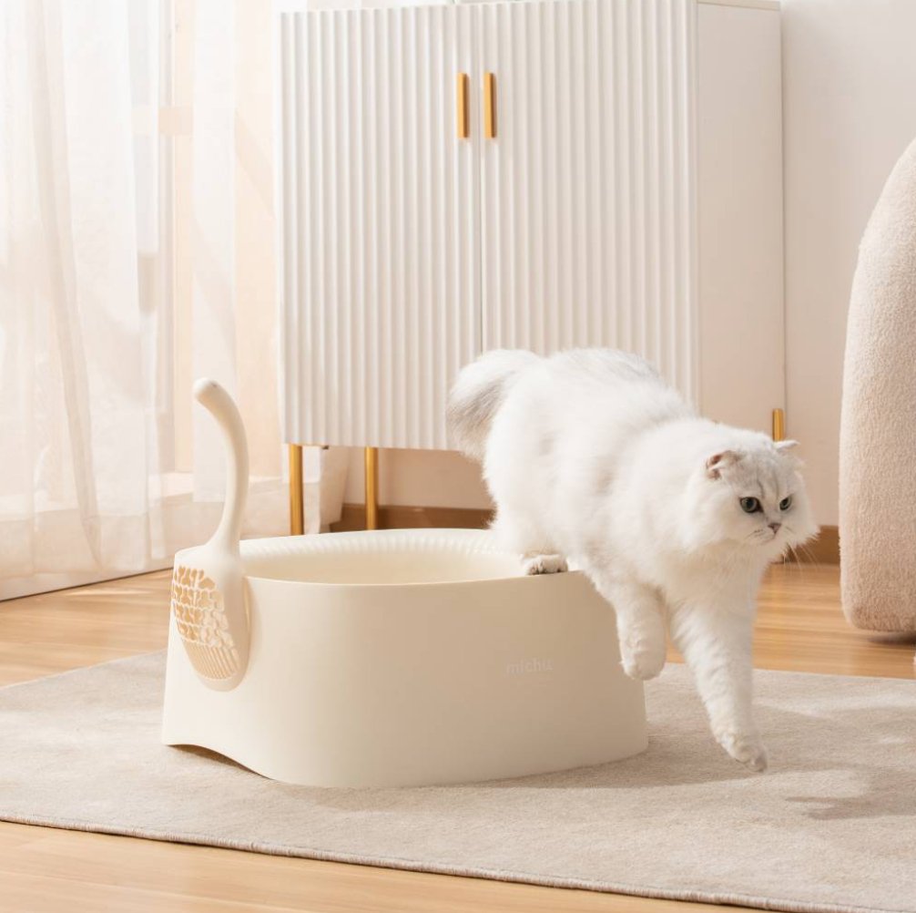 Macaron XL Cat Litter Box with Extra High Edges w Scoop Included - Cream - House Of Pets Delight (HOPD)