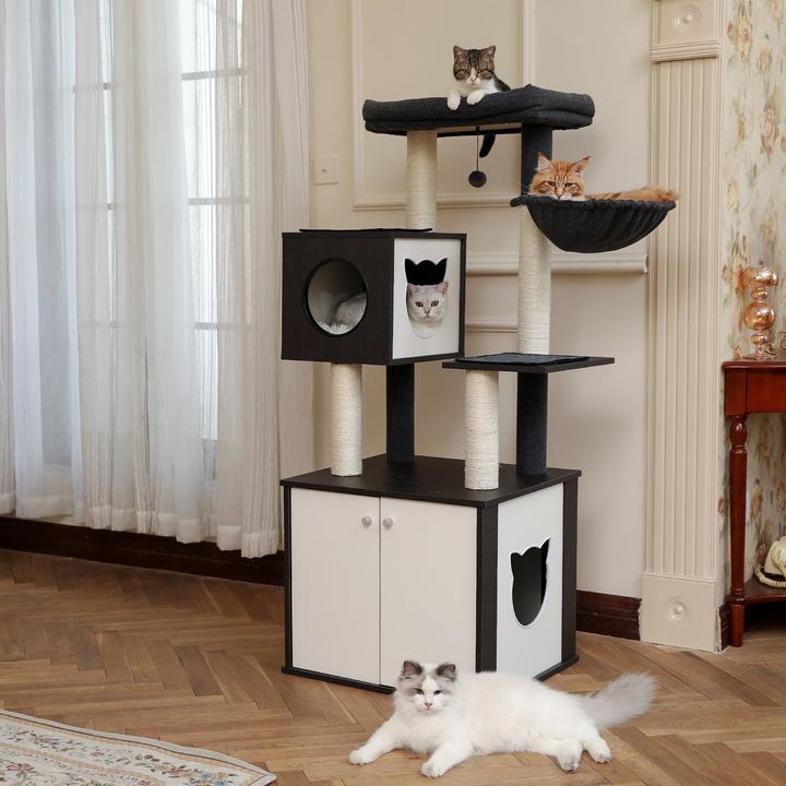 Midnight Wooden Modern Cat Tower With Storage Closet - House Of Pets Delight (HOPD)