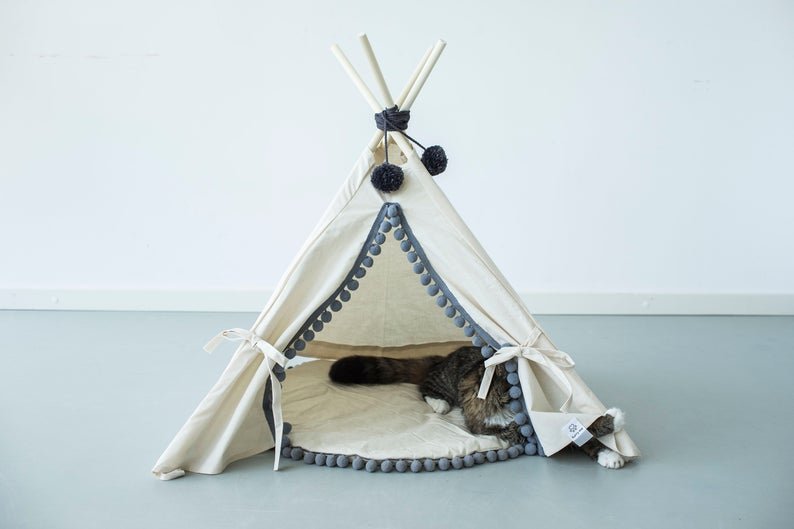 Natural Canvas Cotton Pom Pom Pet Teepee in Cream & Grey - House Of Pets Delight (HOPD)