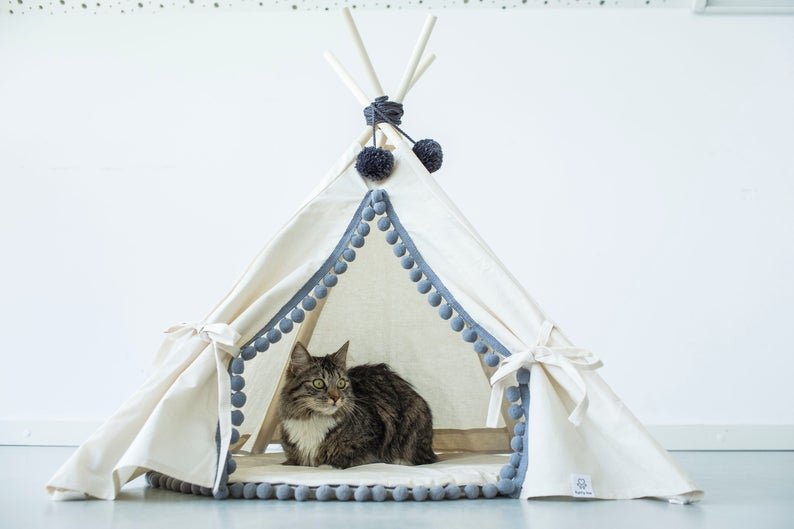 Natural Canvas Cotton Pom Pom Pet Teepee in Cream & Grey - House Of Pets Delight (HOPD)