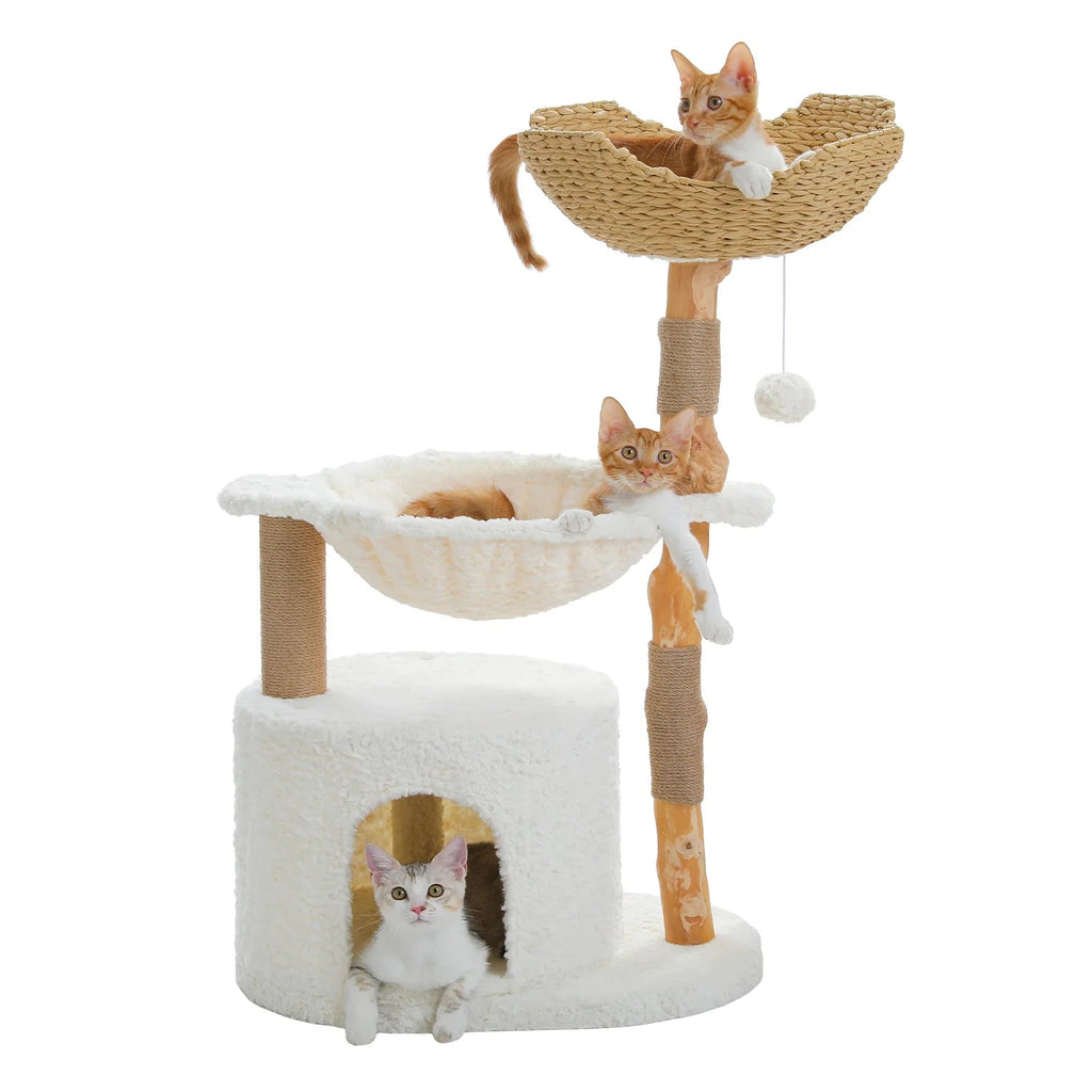 Plush 105cm Real Wood Cat Tree in White Cloud - House Of Pets Delight (HOPD)