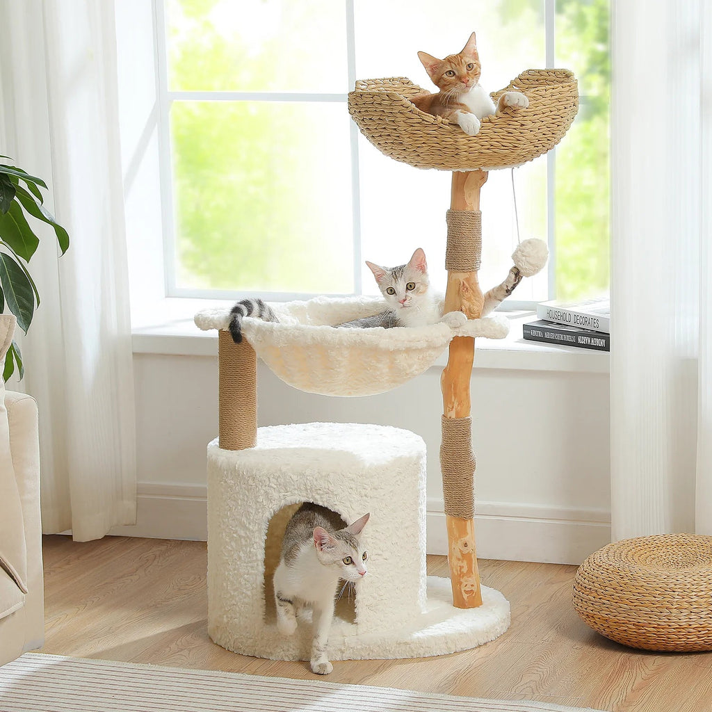 Plush 105cm Real Wood Cat Tree in White Cloud - House Of Pets Delight (HOPD)