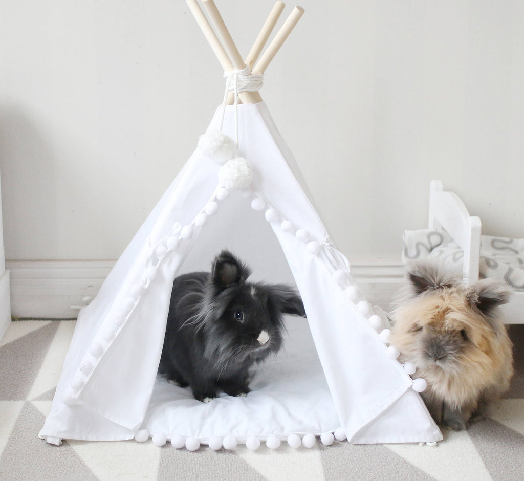 Pom Pom Teepee With Mat in White - House Of Pets Delight (HOPD)