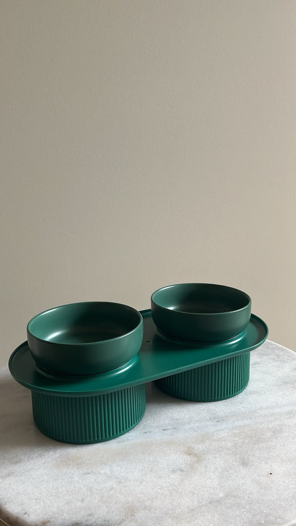 Pre Order - Ribbed Ceramic Double Pet Bowl 3pc Set - Emerald - House Of Pets Delight (HOPD)