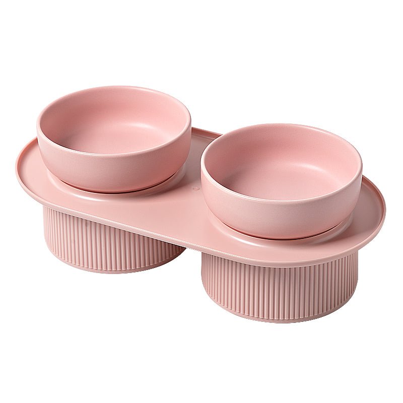 Pre Order - Ribbed Ceramic Double Pet Bowl 3pc Set - Pink - House Of Pets Delight (HOPD)