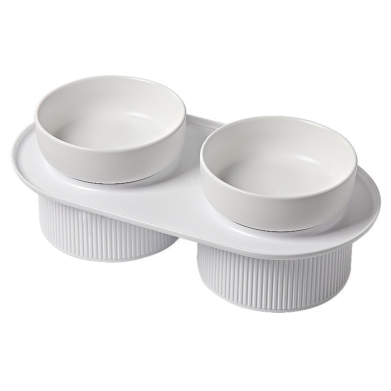 Pre Order - Ribbed Ceramic Double Pet Bowl 3pc Set - White - House Of Pets Delight (HOPD)
