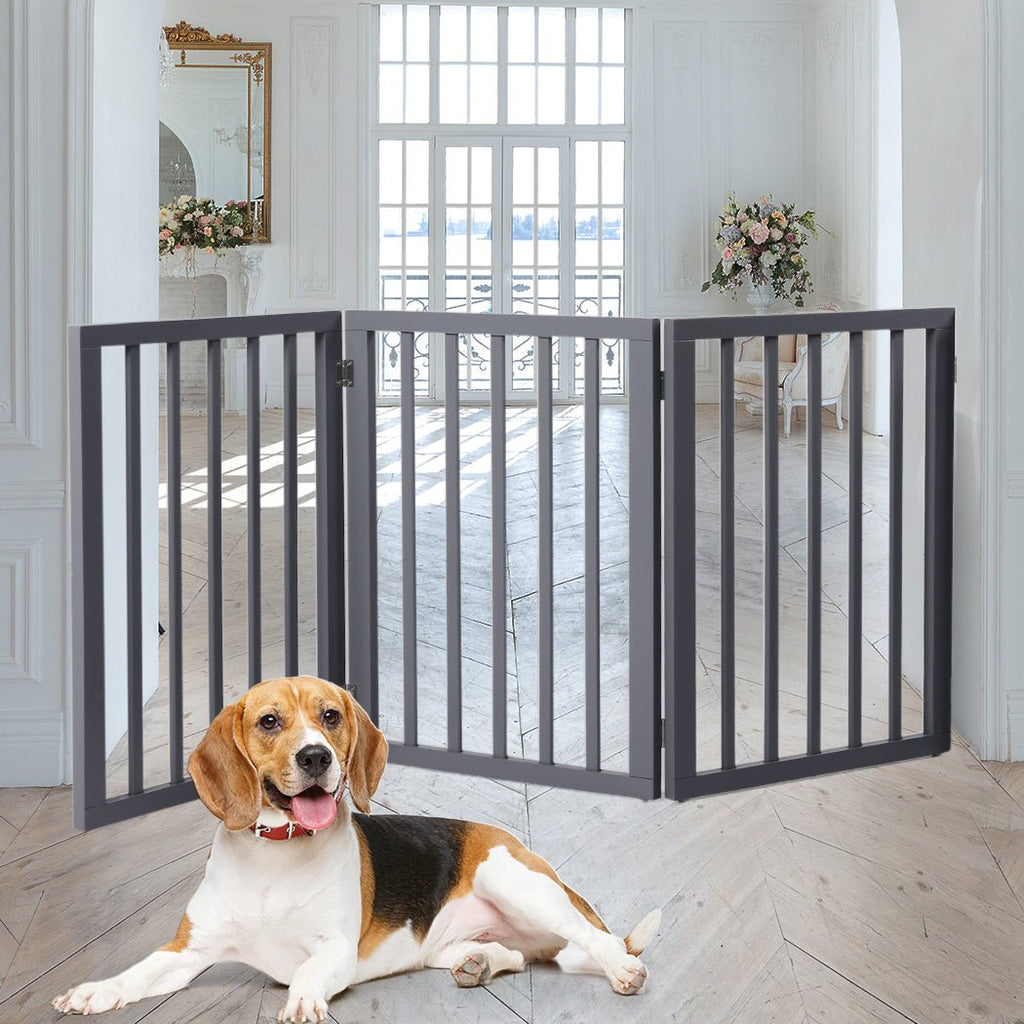Retractable Barrier Wooden Pet Gate Dog Fence 3 Panel Grey - House Of Pets Delight (HOPD)