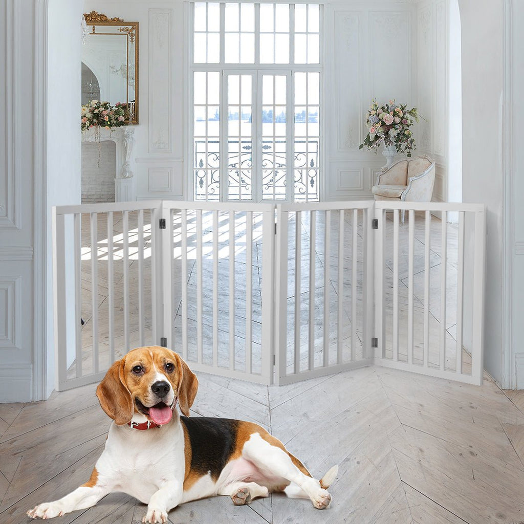 Wooden Pet Gate Retractable Barrier Portable Door 4 Panel White - House Of Pets Delight (HOPD)