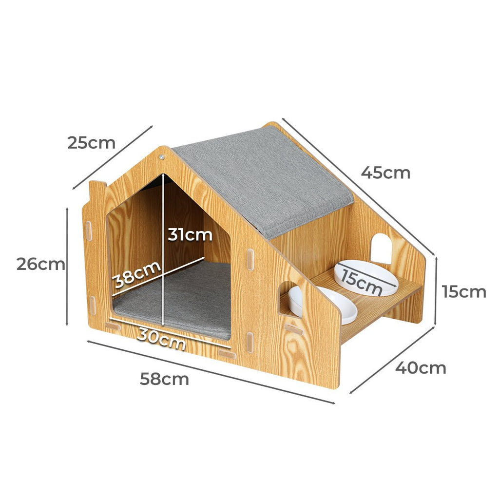 Wooden Pet House Kennel with Elevated Double Feeder Bowls - House Of Pets Delight (HOPD)