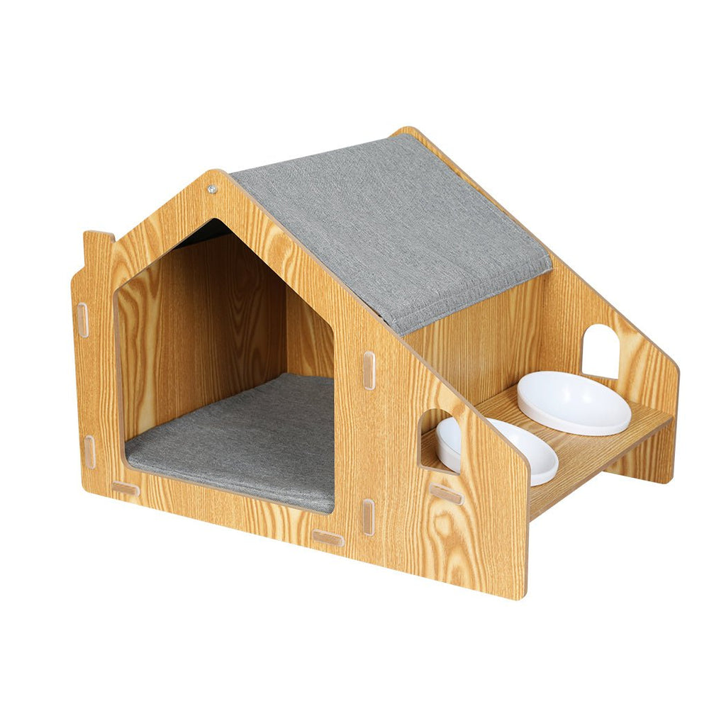 Wooden Pet House Kennel with Elevated Double Feeder Bowls - House Of Pets Delight (HOPD)