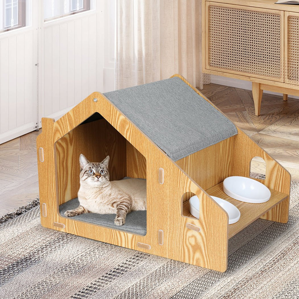 Wooden Pet House Kennel with Elevated Double Feeder Bowls - House Of Pets Delight (HOPD)