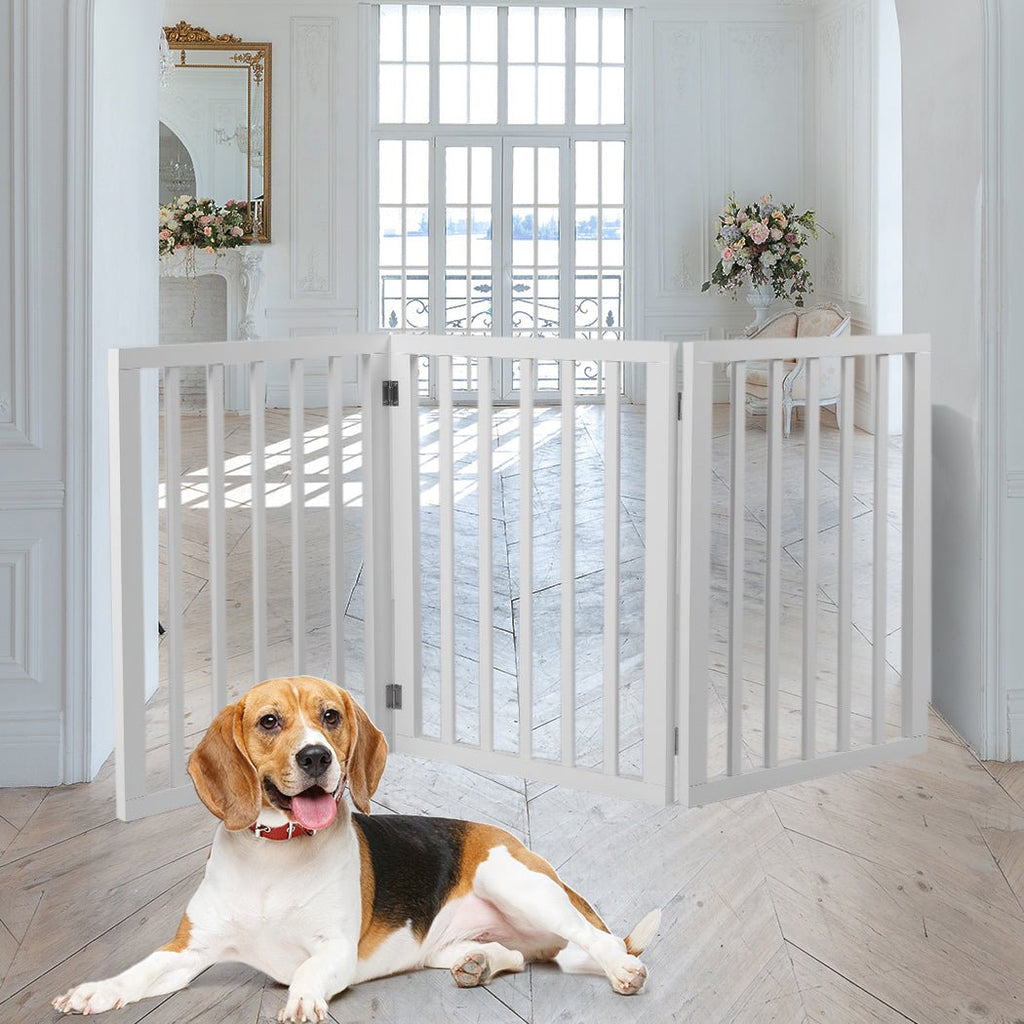 Wooden Retractable Pet Gate Dog Fence Barrier 3 Panel White - House Of Pets Delight (HOPD)